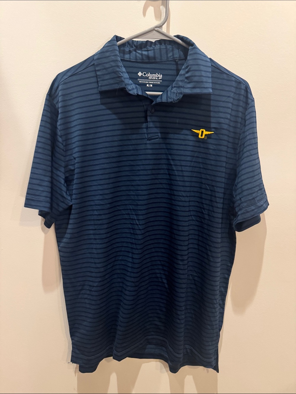 Punahou Columbia Blue Navy Striped Polo with Yellow Logo